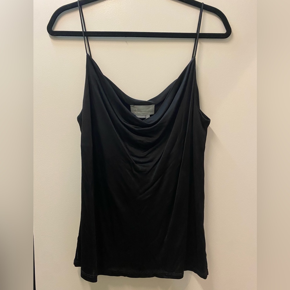 Black spaghetti strap cowl neck draped silky tank top